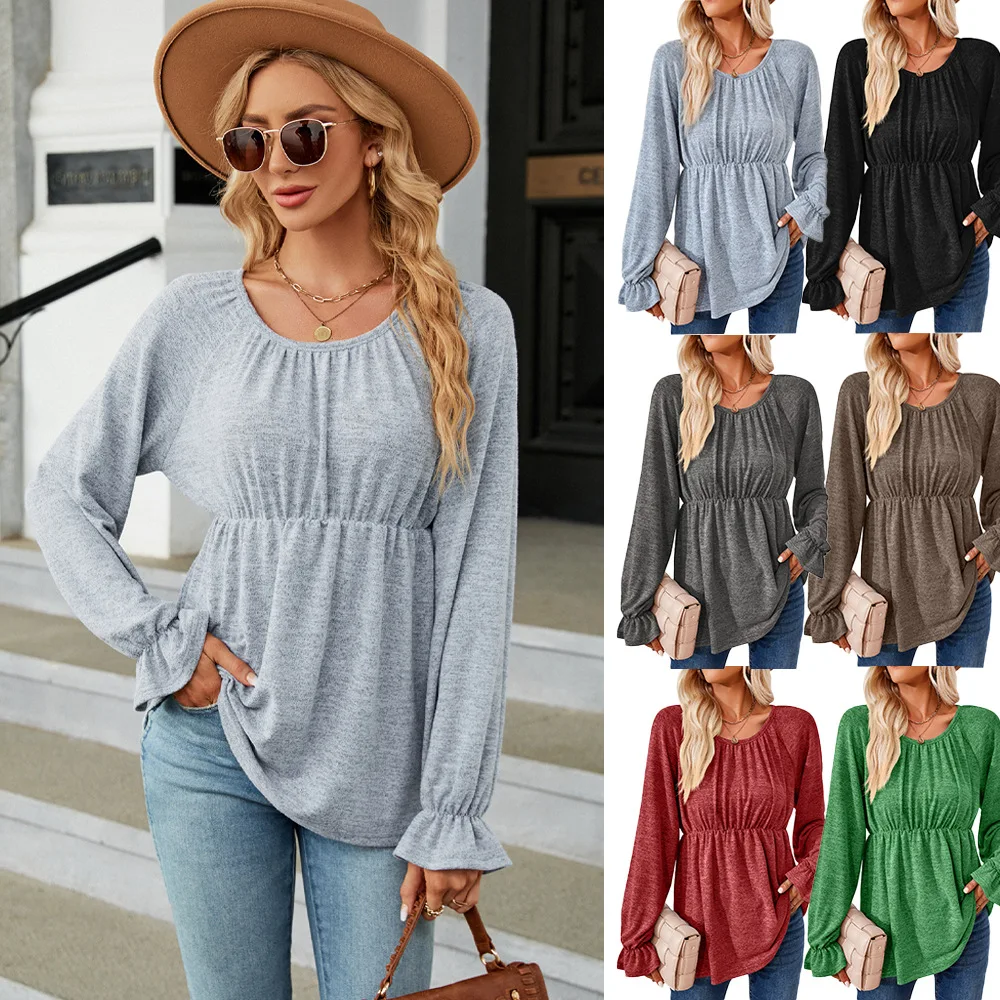 

Осенне-зимняя новая однотонная свободная футболка с круглым вырезом и длинным рукавом, топ, женская модная повседневная одежда, тонкий пуловер