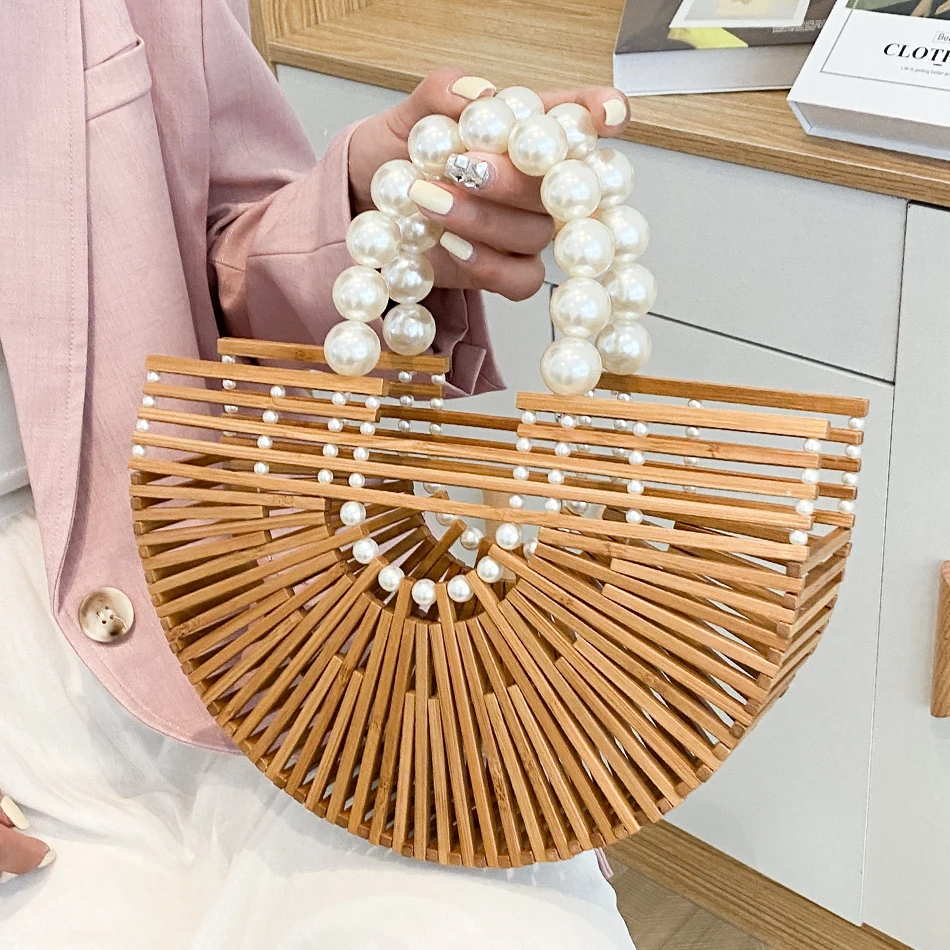 

Luxury Designer Women's Handmade Bamboo Top-handle Bag Fashion Summer Style Pearl Handle Half Moon Bag 2022 Trendy Lady Handbags