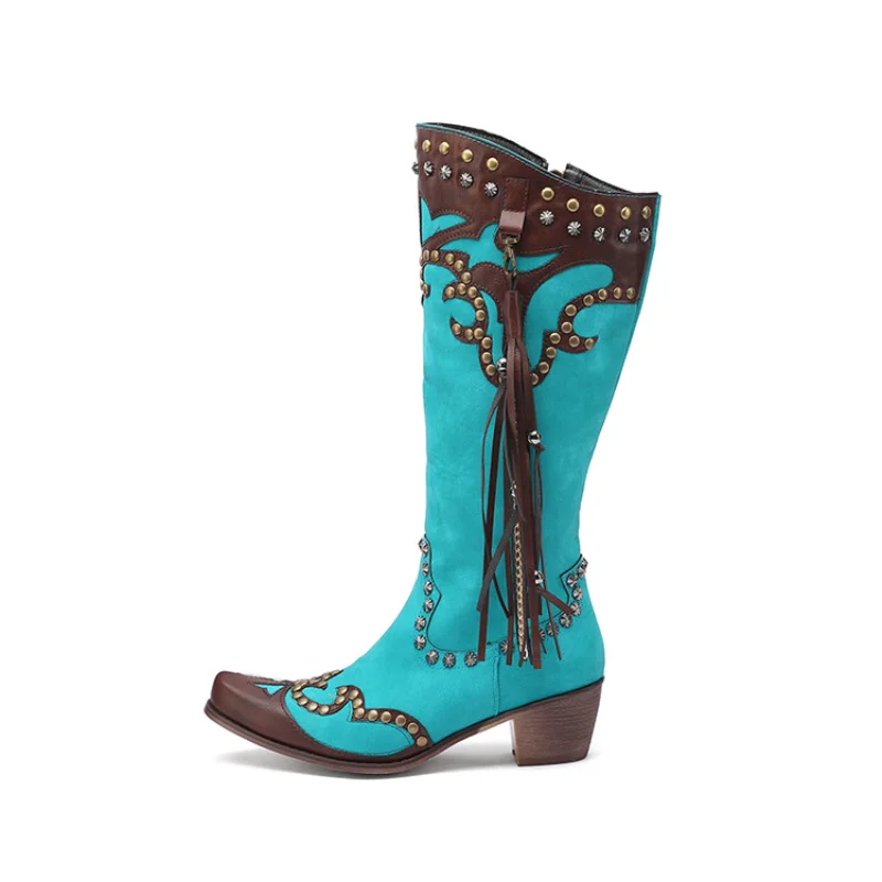 2023Women's Western Boots Tassel Spliced Ethnic Style Retro Side Zip Chunky Heel High Boots 0K200