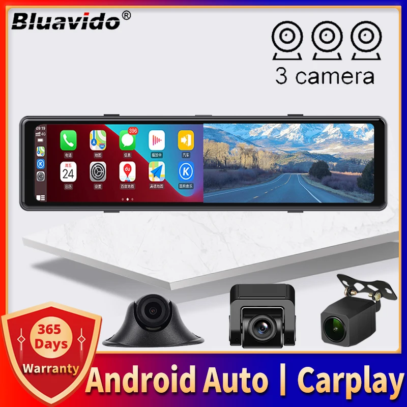 3 Cameras Dash Cam 1080P Car Mirror Video Recording Carplay & Android Auto Wireless Connection WiFi Miracast GPS Navigation DVRs