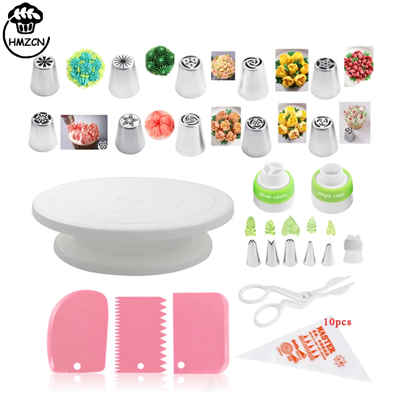 

26/33pcs Russian Tulip Pastry Nozzles Cream Stainless Steel Icing Piping Tips Cake Decorating Tools with Cake Turntable Stand