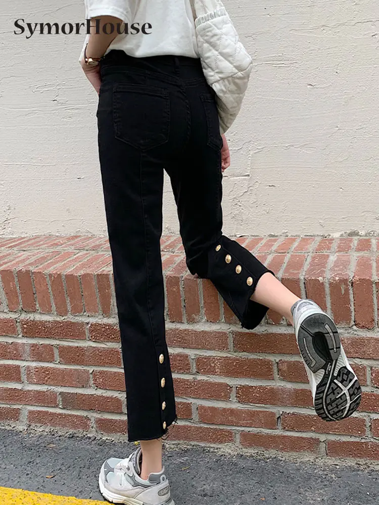 

Solid Black Women Jeans Straight Leg Korean Fashion Cozy Soft High Stretch Streetwear Back Button Denim Pants Jeans for Women
