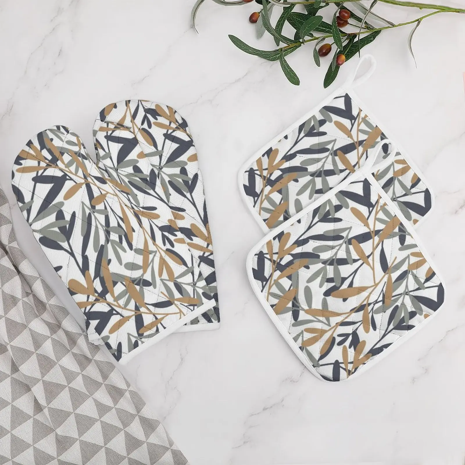 

Oven Mitts and Pot Holders Set Heat Resistant Oven Gloves Safe Cooking Baking Grilling Plants Leaf Dress