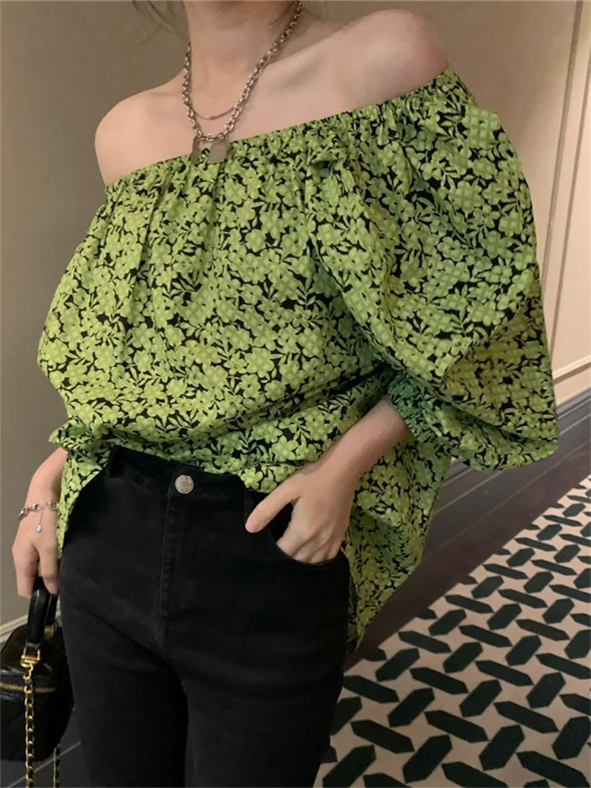 

HziriP Green Women Blouses Party Summer 2022 Florals Off Shoulders Slash Neck Stylish Vintage OL Printed Loose Chic Casual Tops