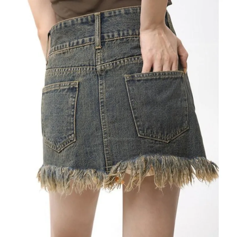 

2023 Vintage Tassel Woman Skirts Faldas De Mujer Streetwear Women's Summer Mini Denim Skirt Fashion Y2k Clothes Bodycon Jupe