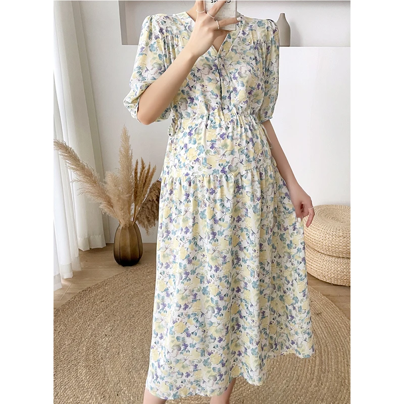 

Floral Pregnancy Dress Short Sleeve Clothes for Pregnant Women Chiffon Maternity Gown Nursing Dress Baby Shower Dress