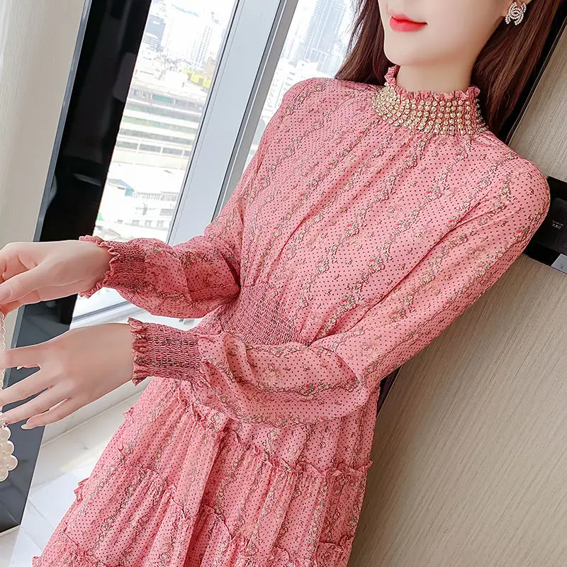 

Korean Vintage Flower Women Chiffon Party Long Flare Sleeve Printing Beach Dress Female Elegant High Waist Slim Long Dresses H83