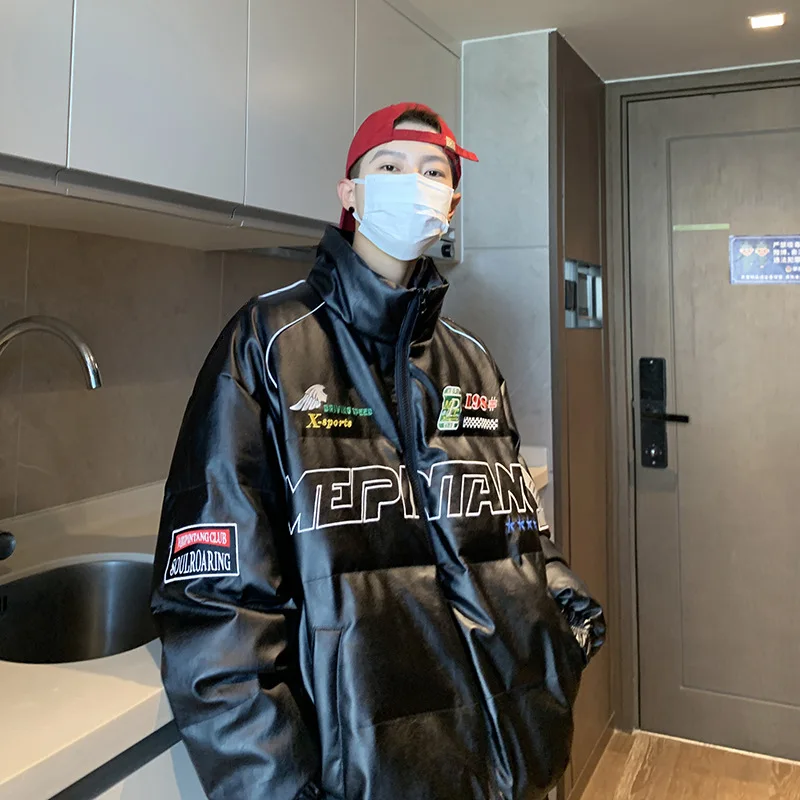 Hip Hop Men Parkas Letter Print Harajuku Bubble Coat Stand Collar Loose Padded Jackets Warm Motorcycle Clothes Racing Suit