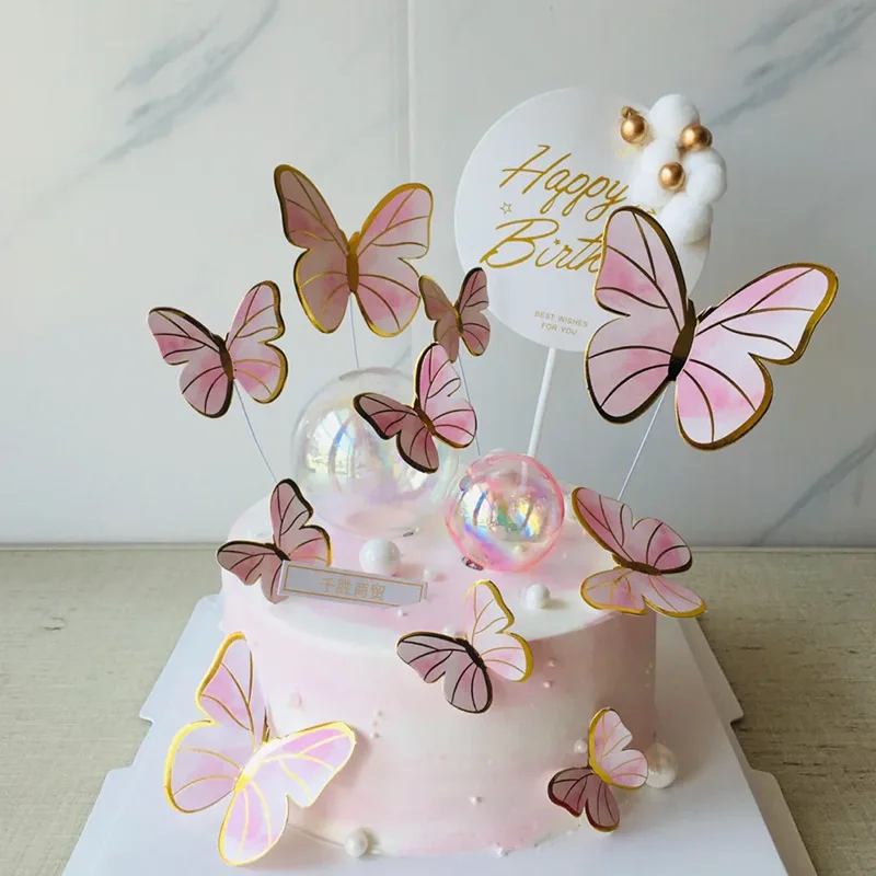 

10pcs Stamping Gold Pink Butterfly Cake Toppers Princess Girl Wedding Happy Birthday Party Decor Dessert Cake Decor Butterfly