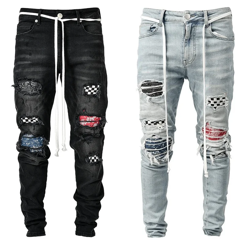 Y2k Spring Autumn New Men's High-end Slim Ripped Small Foot Pants Jeans Mid Waist Micro-elastic Hip Hop Gradient Jeans