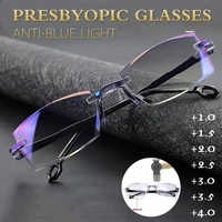 1 0 to 4 0 new anti blue light bifocal far near magnification eyewear men women rimless reading glasses presbyopic glasses