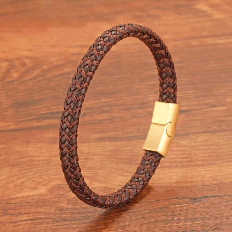 

Genuine Leather Bracelet for Men Braided Cuff Wristband Stainless Steel Magnetic Clasp Boy Jewellery Gift