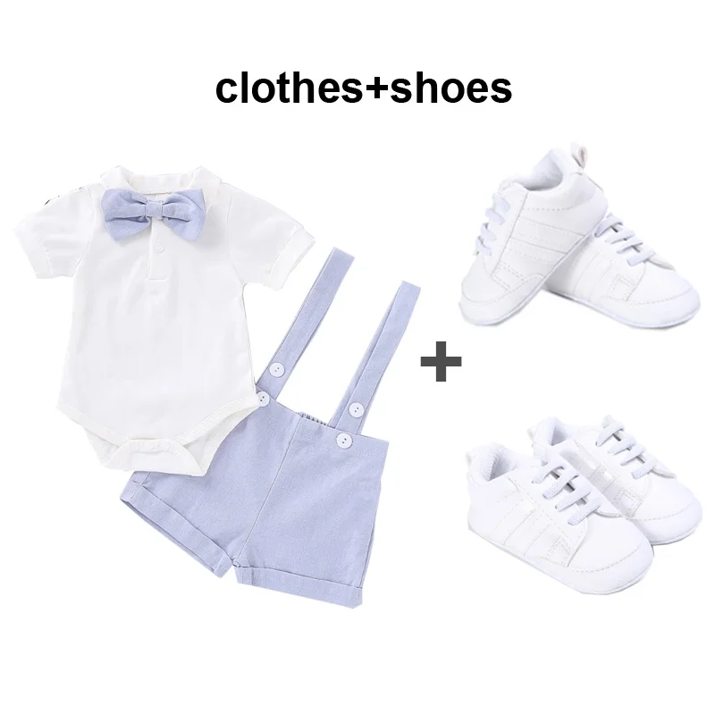 Baby Clothes Boy 2pcs Set Gentleman    White Romper Suit Suspender Pants with  Shoes for Wedding Photoshoot