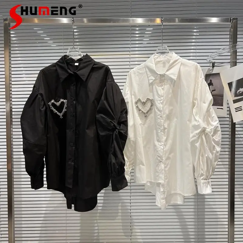 

2022 Spring New Female Fashion Classic Love Diamond Puff Sleeve Blusas Women's Simple Loose Casual Shirt Office Lady Solid Top