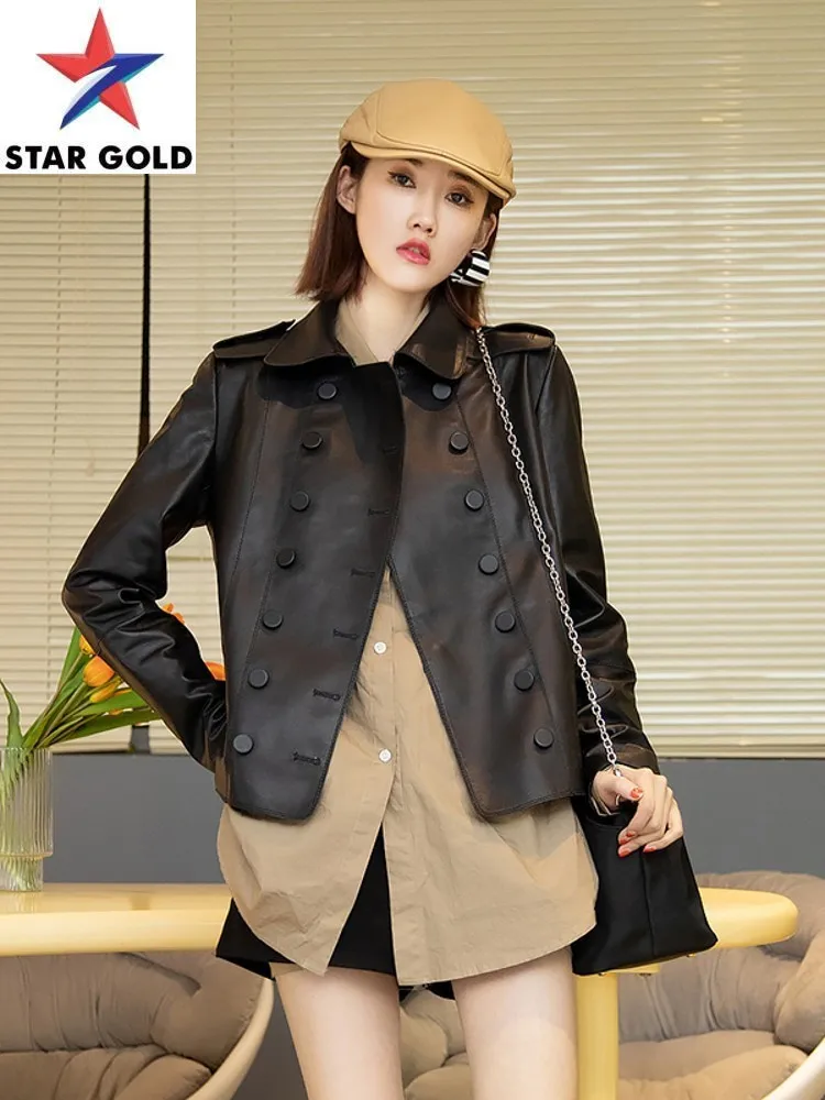 

New Women Autumn Double Breasted Soft Sheepskin Lapel Collar Moto Biker Genuine Leather Jacket Office Lady Work Suit Coat