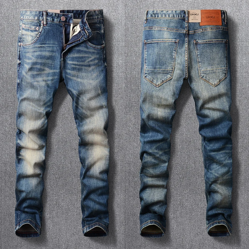 Fashion Designer Men Jeans High Quality Retro Blue Elastic Slim Fit Ripped Jeans Men Casual Trousers Vintage Denim Pants Hombre