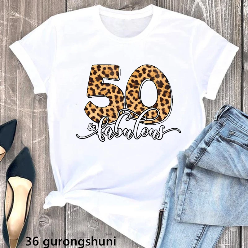 

2022 New Style Leopard 50th Fabulous Letter Print Tshirt Women Casual Hipster Birthday Gift T-Shirt Female Summer Harajuku Shirt