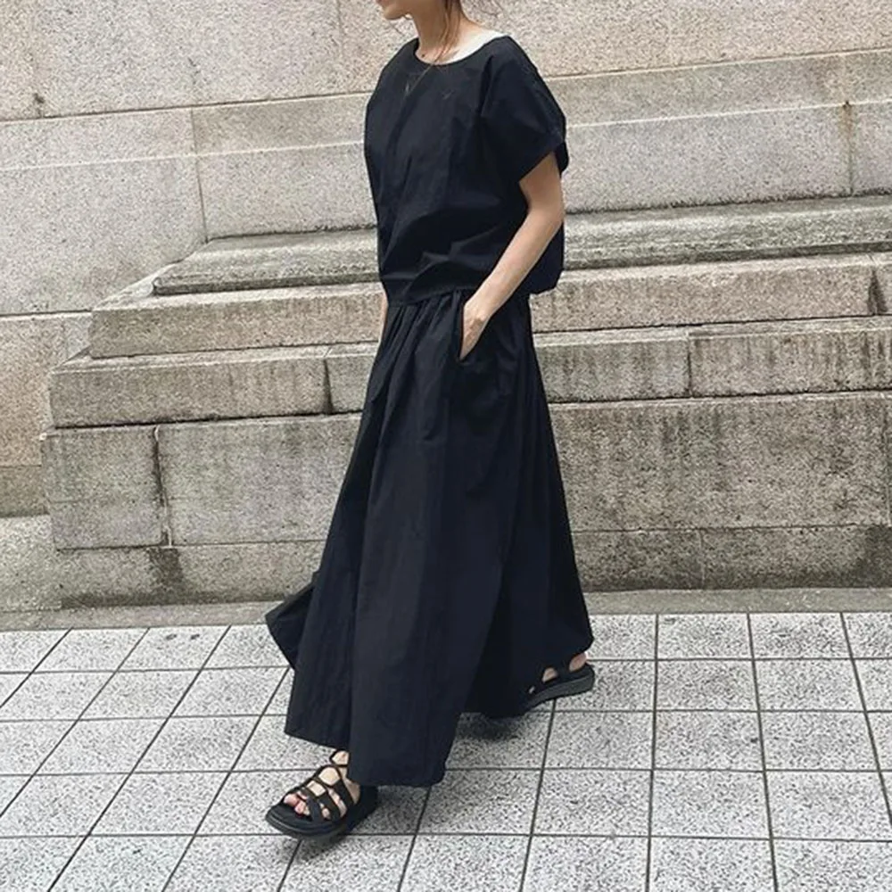

Plain Simple Patchwork Shirt Round Neck Women's Two Piece Sets Black Wide Leg Pants And Simple Tops Korean Fashion 2pcs Clothing
