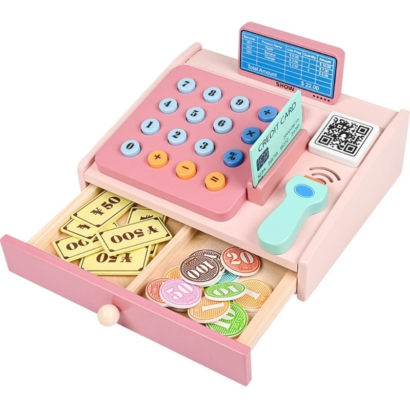 

Cash Register Toy Wood Set with Magnetic Scanner Playing Money & Credit Card