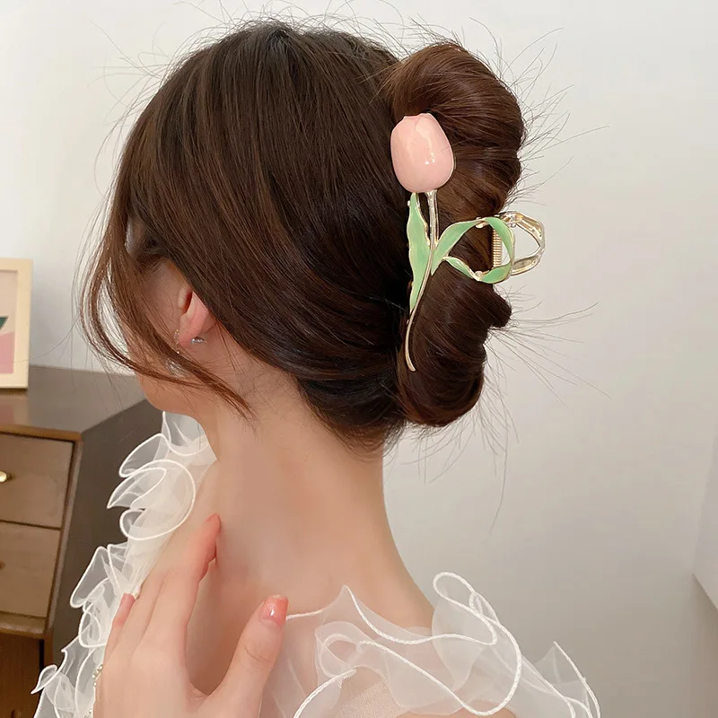 

UXSL New Tulip Flowers Large Hair Claws Womans Girl Vintage Elegant Shark Clip Ponytail Claw Clip Trendy Sweet Hairpin Headdress