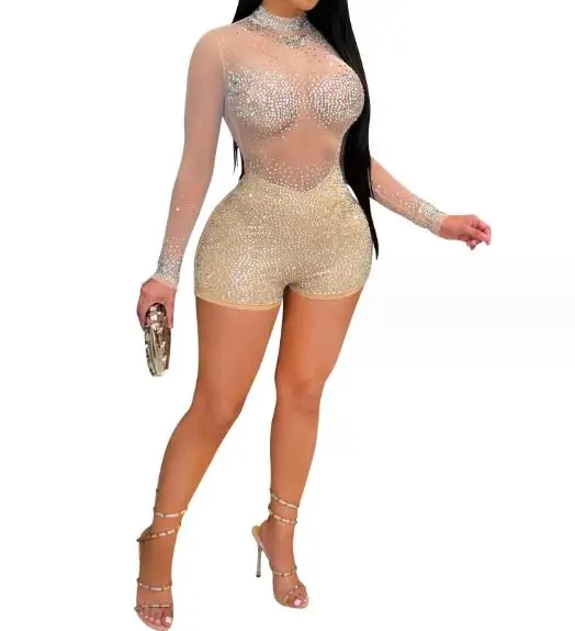 

Jumpsuits for Women Rompers Shorts Round Neck Long Sleeve Hot Diamond Perspective Evening Party Playsuit Y2K Nightclub Overalls