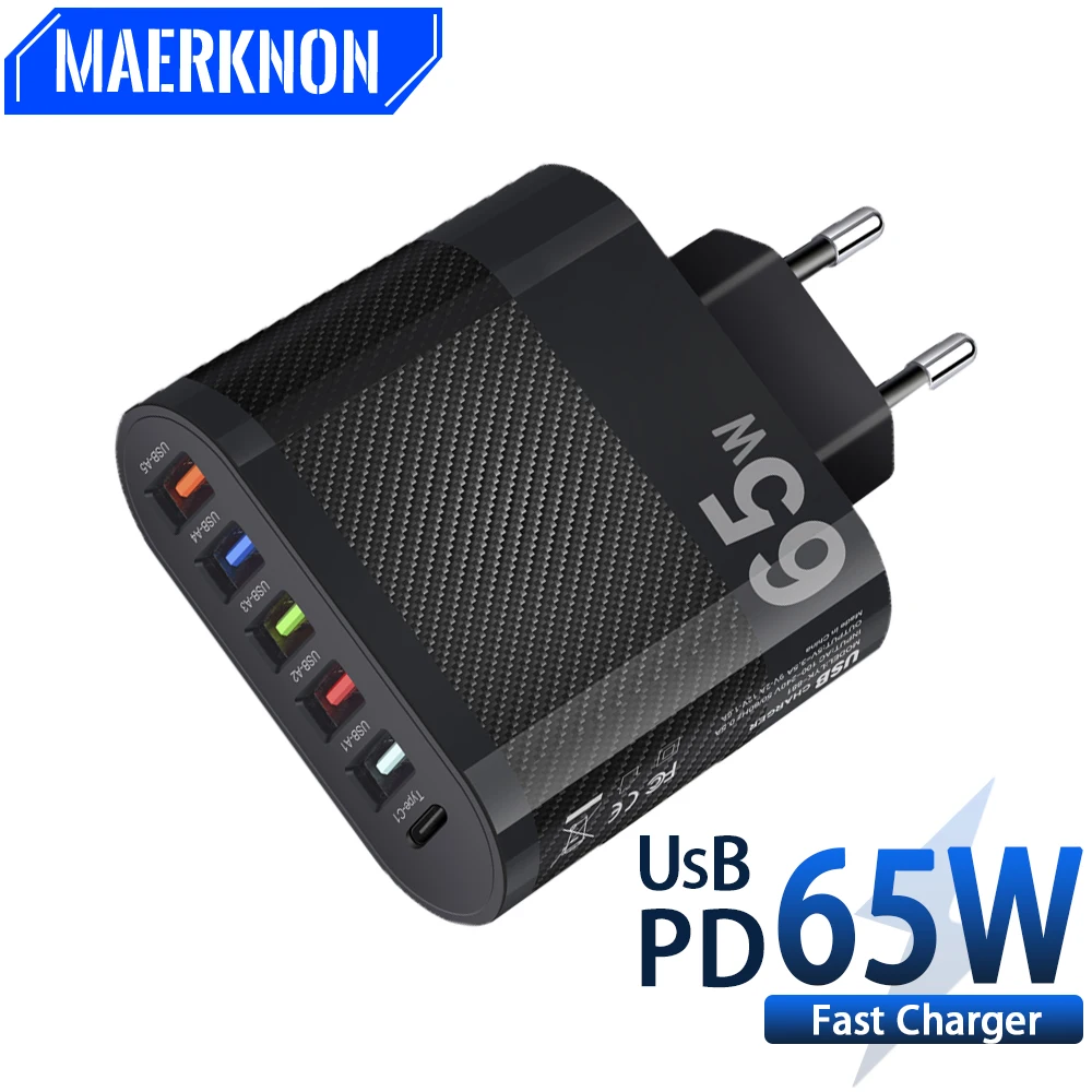 

PD 65W Six Port USB Charger Quick Charging Type C Charger Fast Charger For IPhone 13 14 Pro Xiaomi Samsung Phone Charger Adaptor