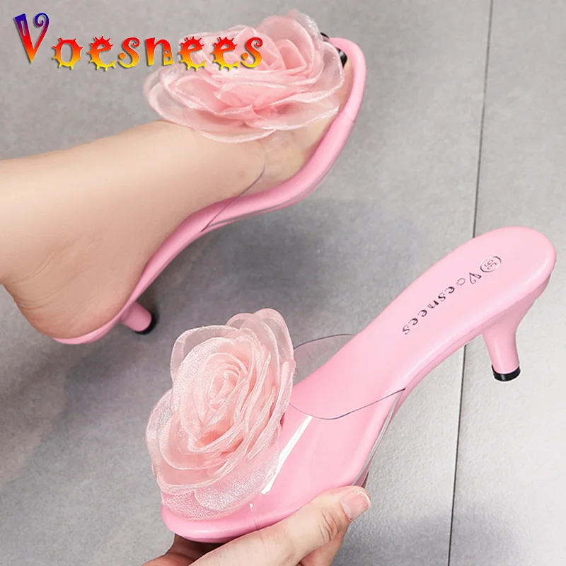 

Silk Flowers Slippers Summer Transparent Surface Sandals Beach Shoes Thin High Heels Low Heels Crystal Party Pink Women Shoes