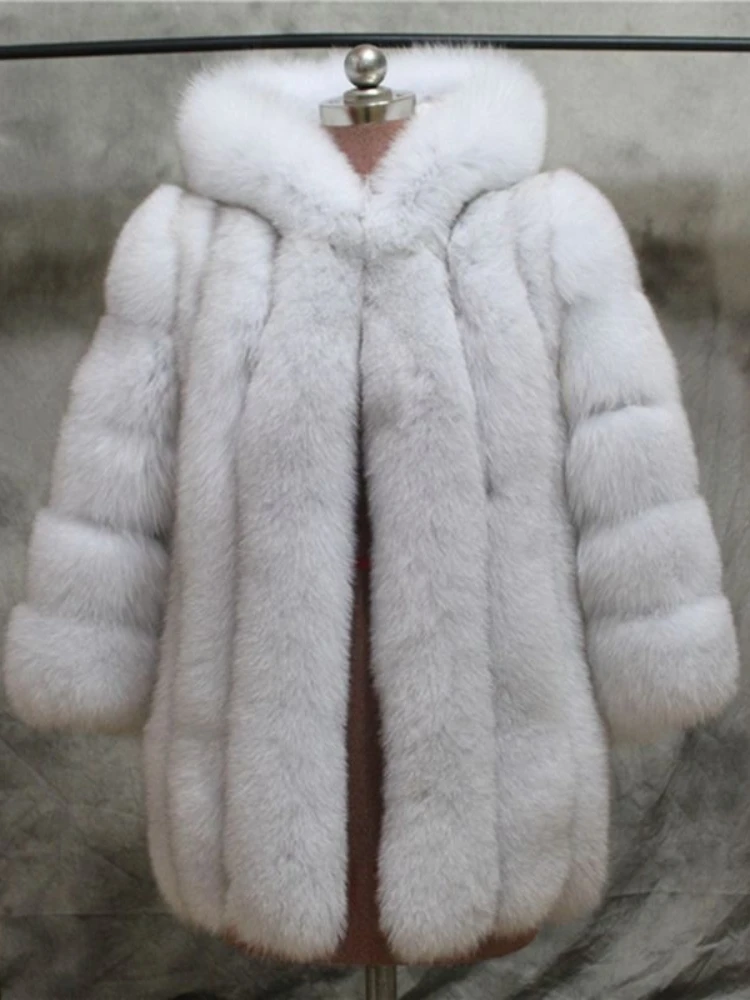 ICCLEK New Haining fur imitation fox fur coat medium long coat Long Sleeve hooded special price