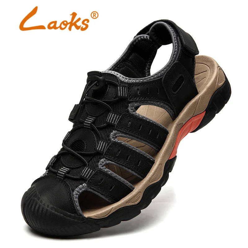 

Laoks Men Genuine Leather Slippers Roman Vintage Gladiator Baotou Sandals Male Tactical Trekking Casual Wading Shoes Sandalias