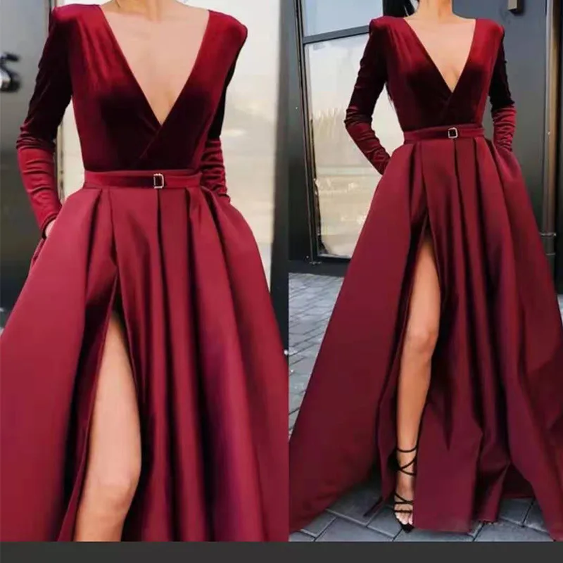 2022 Fall/Winter New Women's Fashion Temperament Elegant Sexy Dress Deep V Long Sleeve Dress Split and Slim Long Dress Lady