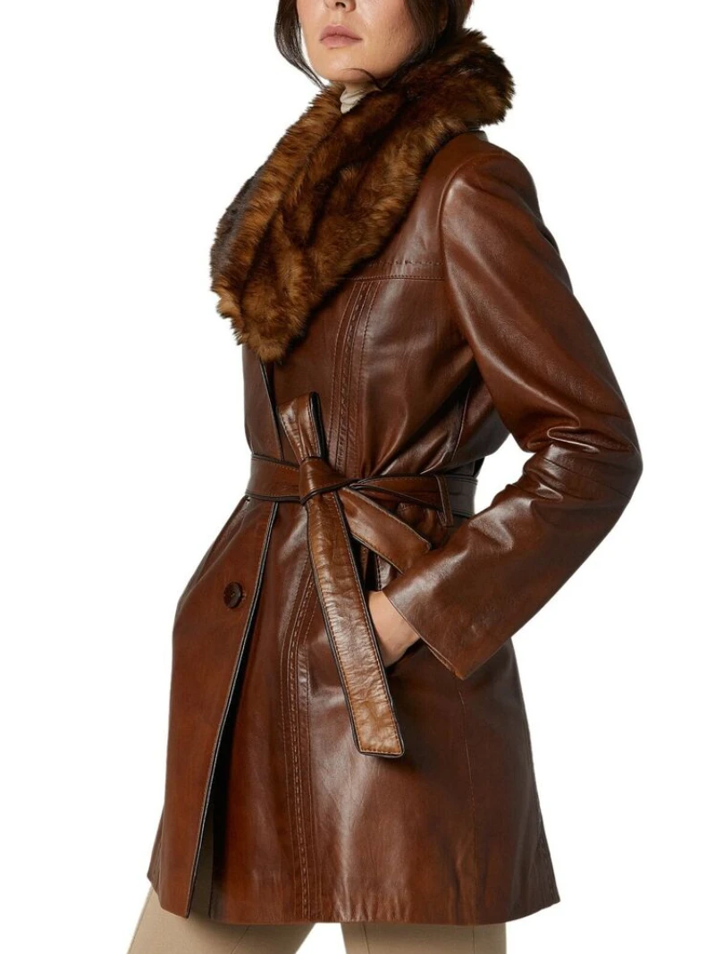 Women Leather Jacket Brown Genuine Real Leather Fur Collar Belted Long Trench Coat