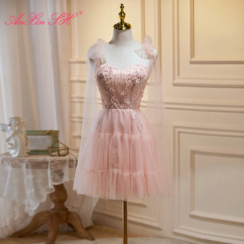 

Женское короткое вечернее платье AnXin SH, розовое кружевное платье на тонких бретельках с большим бантом и бисером, белое платье для невесты