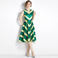 womens new summer style high end temperament v neck sleeveless slim fit fashion stitching big swing walk show holiday dress
