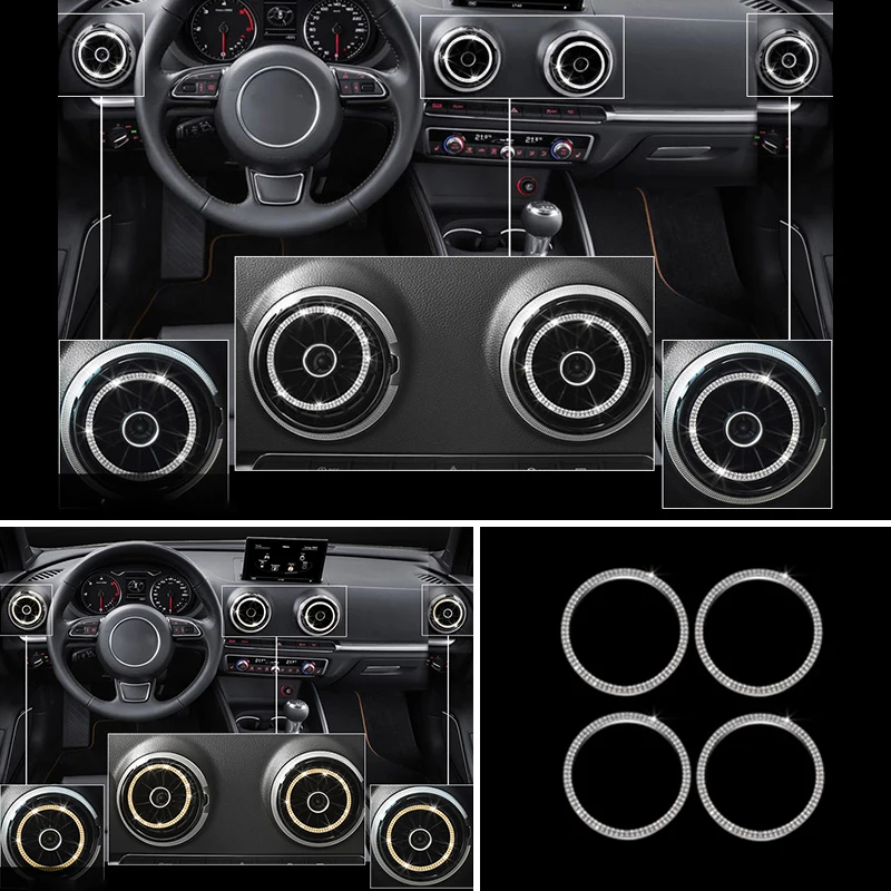 

4x Crystal Style Center Front Air Condition A/C Outlet Vent Ring Cover Trim Car Interior Accessories For Audi A3 15-2020