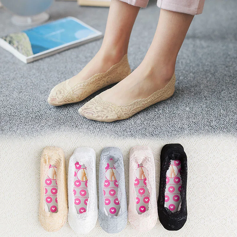 

5 Pairs Women Lace Boat Socks Japanese Cotton Bottom Silicone Non-slip Shallow Mouth Socks Breathable Invisible Summer Socks