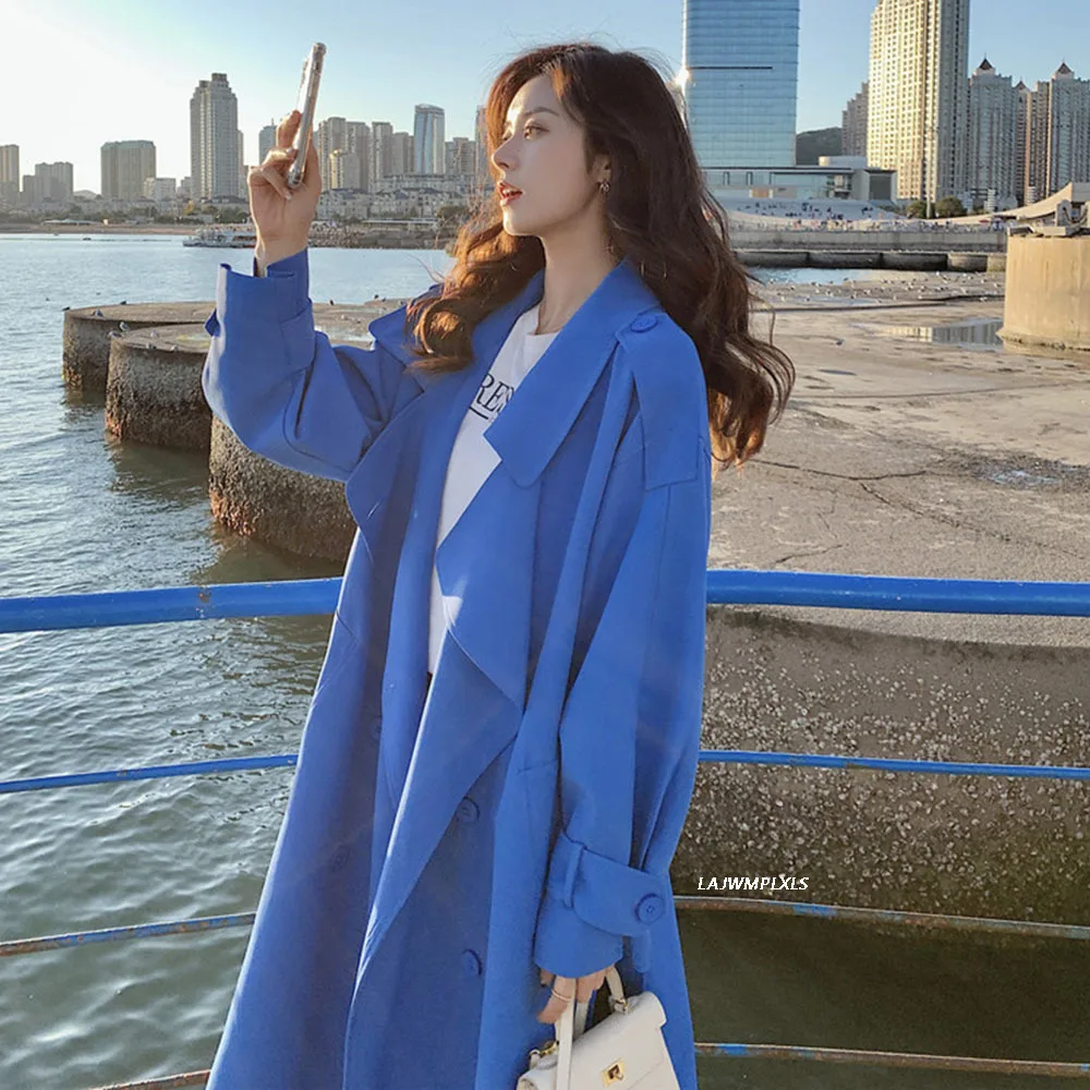 

Women Windbreaker Klein blue Long Spring Autumn Ladies Trench Coat Korean Loose Big Size Jacket Solid Cloak Female