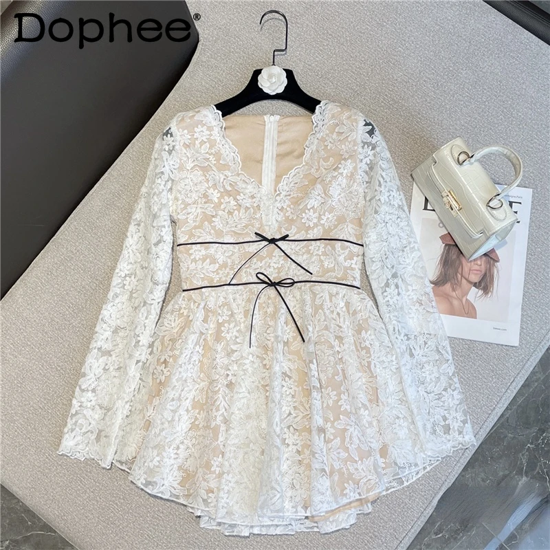 

Lace Dress Women 2022 Spring and Summer New Socialite Lady Temperament Sexy V-neck Slim Dresses Party Vestidos Mujer