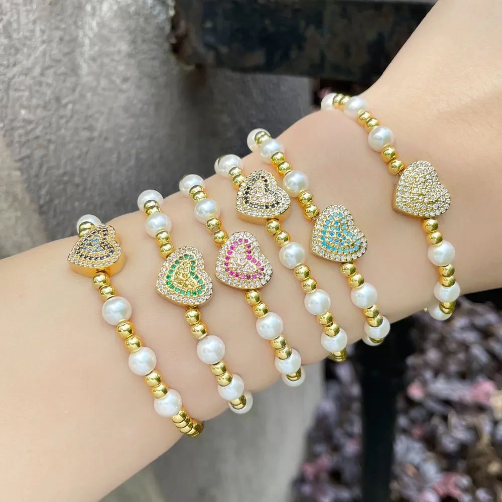 

Vlen Gold Color Beads Pearl Bracelet Zircon Heart Charm Bracelets for Women Valentine's Day Gifts Rhinestones CZ Pulsera Jewelry