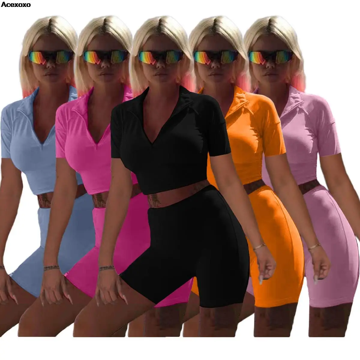 

Summer new fashion women's solid color casual V-neck slim sports two-piece set