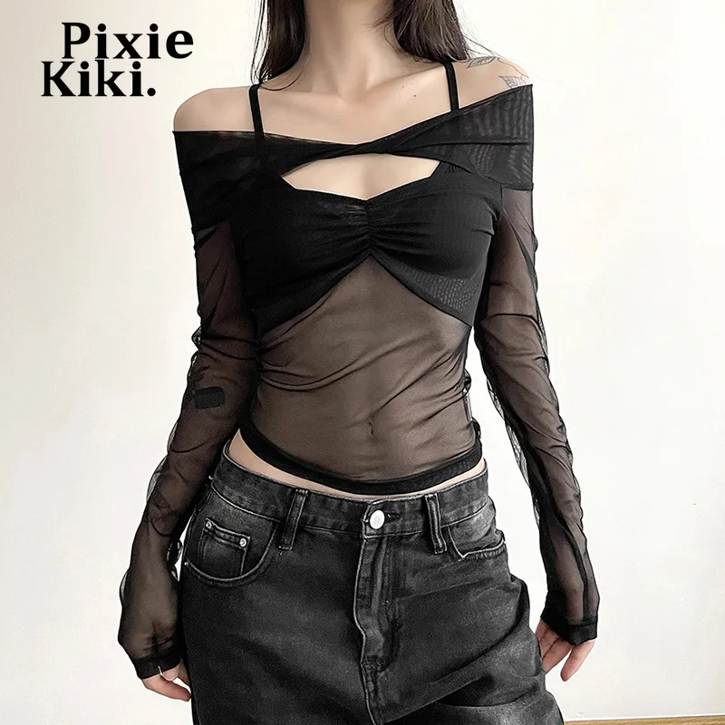

PixieKiki See Through Mesh Shirt Women Sexy Black Tees Hollow Out Off Shoulder Long Sleeve Crop Tops Fall Clothing 2023 P94-BZ10