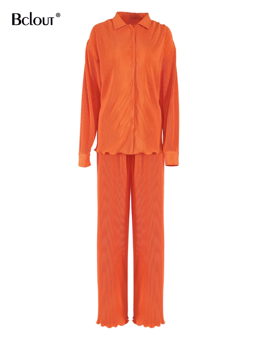 Bclout оранжевые плиссированные брючные костюмы для женщин Винтажная рубашка