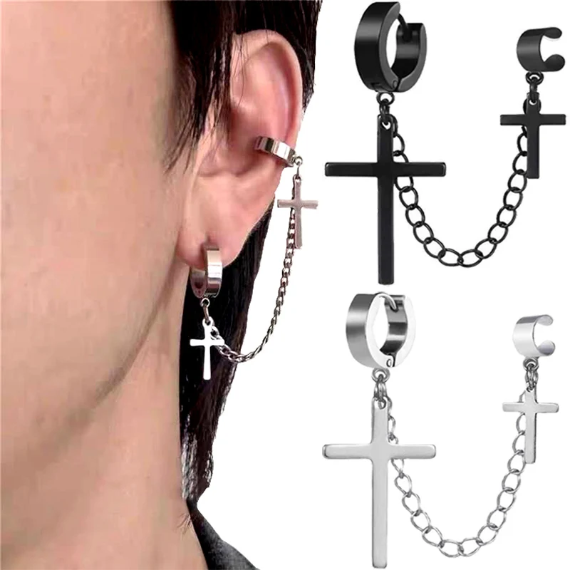 

Punk One-peice Cross Tassel Clip Earrings for Women Teens Men Ear Cuffs Zinc Alloy Hip Hop Jewelry Vintage Chain Metal Earing