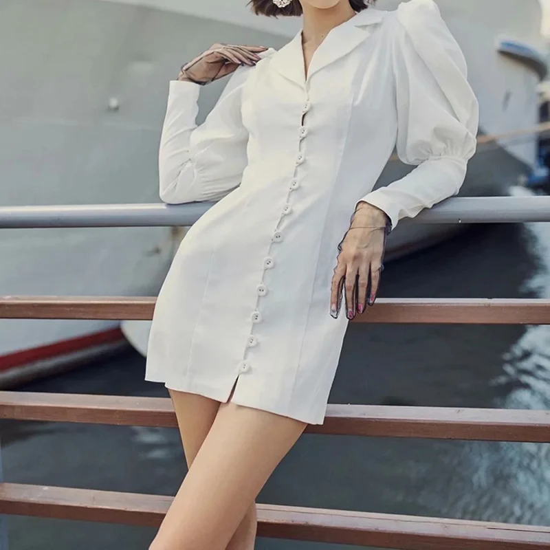 

Elegant OL Women White Dress za 2021 Spring Autumn Vintage Palace Style Dresses Puff Sleeve V-Neck Single-Breasted mini Vestidos
