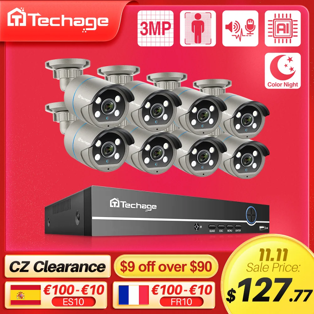 Продажа Камера видеонаблюдения Techage, 8 каналов, 3 Мп, POE Скидка Камера видеонаблюдения Techage, 8 каналов, 3 Мп, POE