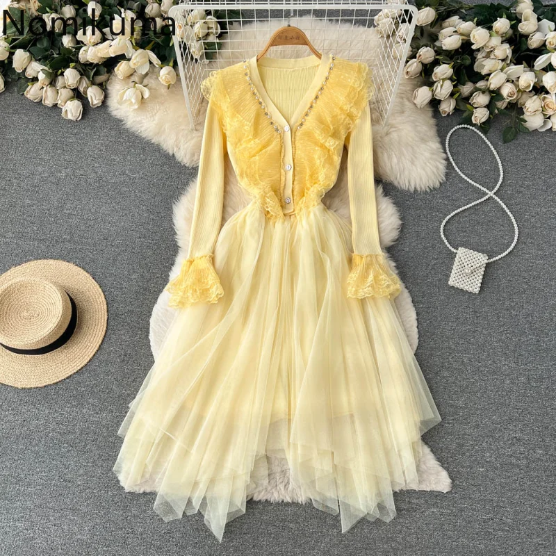 

Nomikuma Vestidos De Mujer расклешенные рукава кружево лоскутное шитье асимметричный подол мягкое Vestido Feminino элегантное милое модное платье для женщин