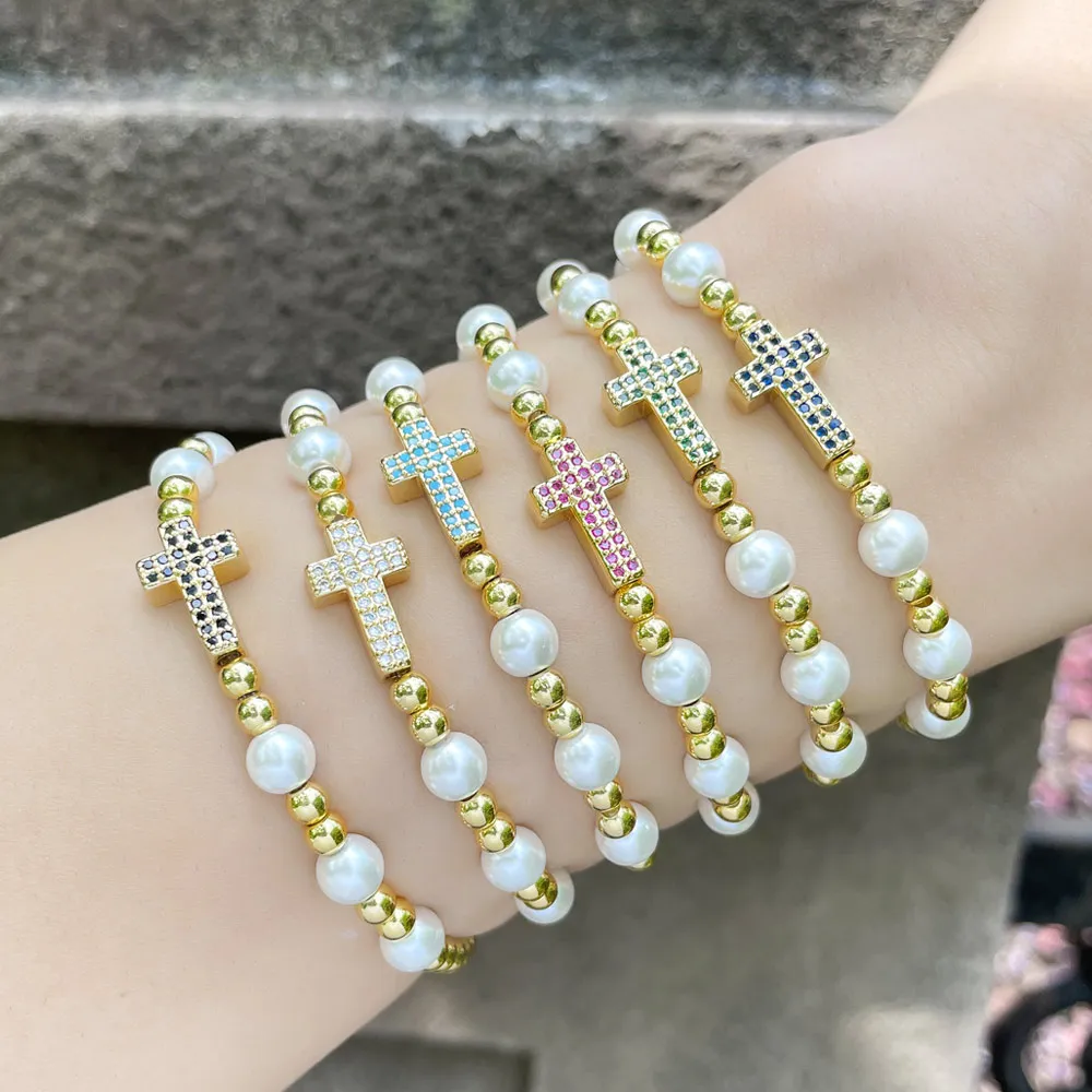 

Multicolor AAA Zircon Cross Bracelets for Women Girls Copper Gold Plated Beads Elastic Bracelets Religious Jewelry Gifts brth43