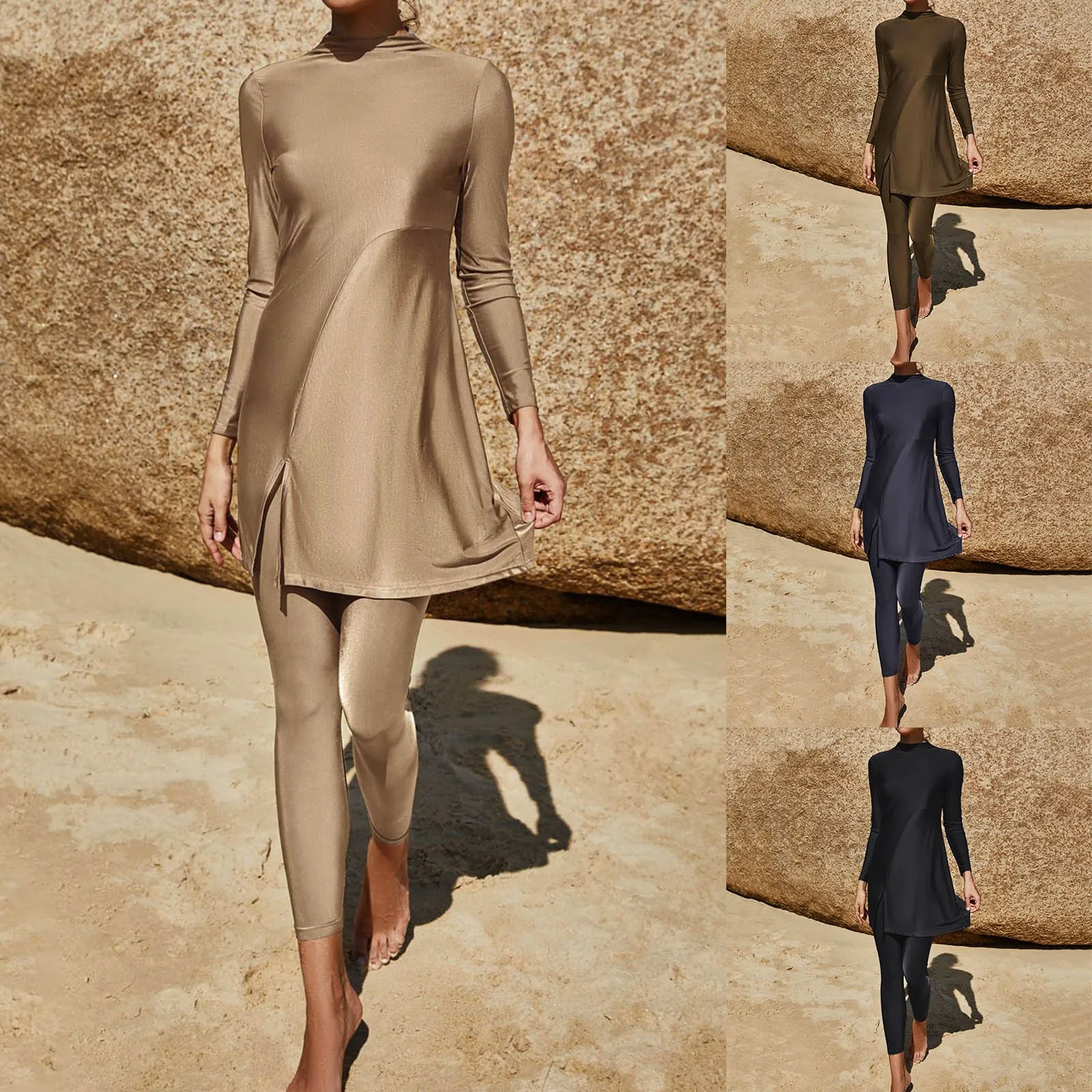 

Women Summer Burkini Muslim Swimwear Female Two Piece Set Swimsuit Long Sleeve Beach Swimming Suit With Folds