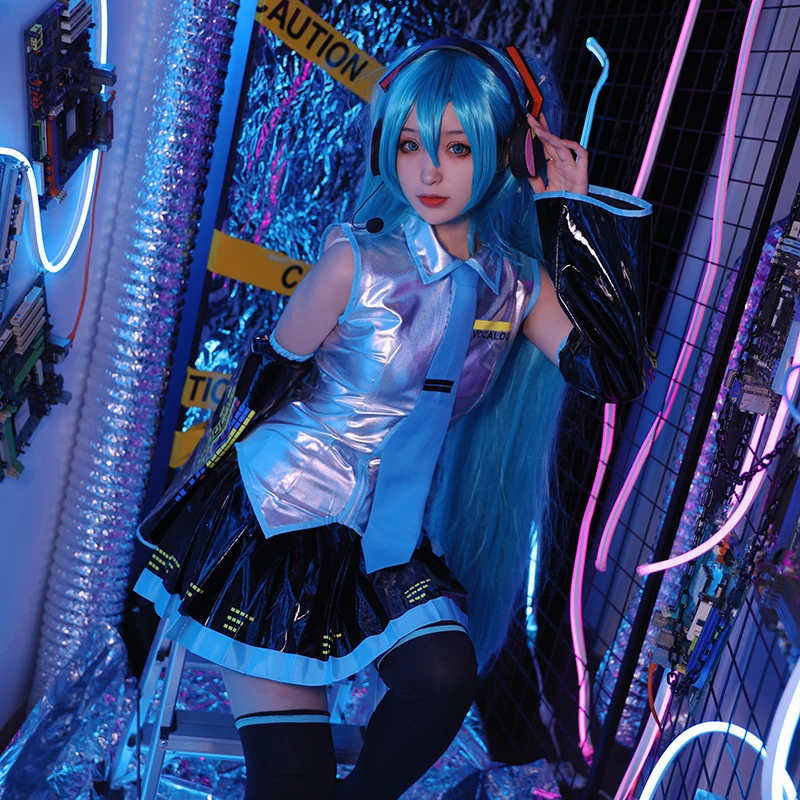 Фото Искусственная кожа Vocaloid Miku Косплей Костюм Аниме миди платье Хэллоуин Одежда для рождественской вечеринки для девочки №2