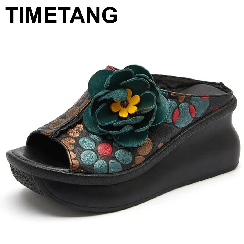 

Женские модные шлепанцы из воловьей кожи/искусственной кожи, классические танкетки на платформе с цветочным принтом, красивые сандалии, лето 2023