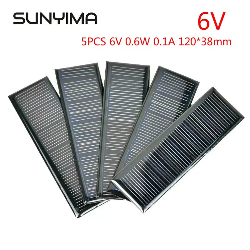 

SUNYIMA 5PCS 6V 0.6W 0.1A Polycrystalline Silicon Epoxy Solar Panels 120*38mm Mini Solar Cells Module Charger for DIY Lamp Light